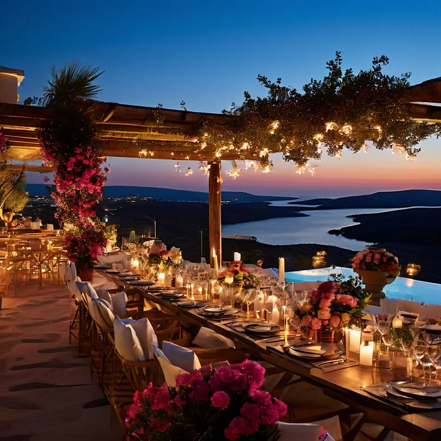 Long candlelit dinner table on a terrace above the sea at dusk